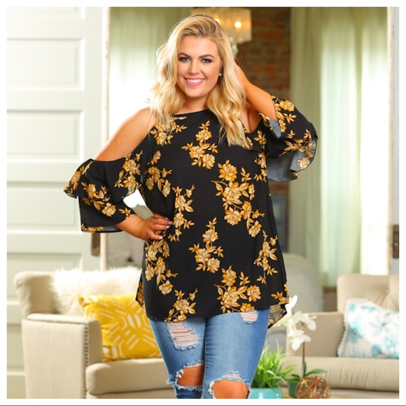 SKYE by Infinity Raine Tops - ✨LAST✨PLUS Black and Gold Floral Cold Shoulder Top
